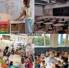 there are two pictures with children in the same room and one has an adult teacher