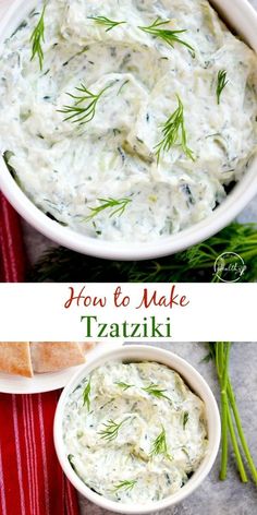 a white bowl filled with tzatzki dip and topped with dill