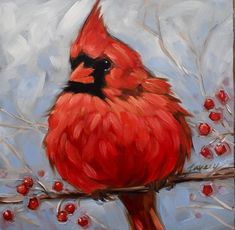 a painting of a cardinal sitting on a branch with berries in the foreground and blue sky in the background