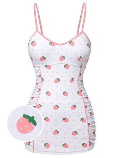 [Pre-Sale] White & Pink 1950s Strawberry Pleated Swimsuit Cute Two Piece Swimsuit, 1950s Swimsuit, Strawberry Outfit, Retro Stage, Swimsuit Two Piece, Pink Bathing Suits, Pink Clothing, Pink Strawberry, Standard Dress