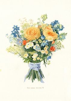 a bouquet of flowers is shown in this watercolor painting by artist jane grisell