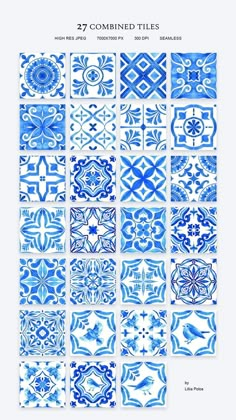 blue and white tiles are arranged in rows, with different designs on each tile surface