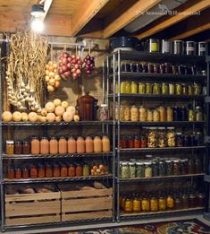 shelves filled with jars and vegetables in a store