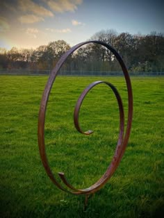 a metal sculpture in the middle of a grassy field