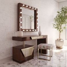 a dressing table with a mirror, stool and vase on it in a room that has white walls