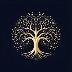 a golden tree with leaves on it's branches is shown in the middle of a black background