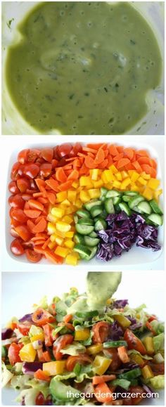 three different pictures of vegetables being mixed together