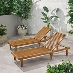 two wooden chaise lounges sitting next to each other in front of potted plants