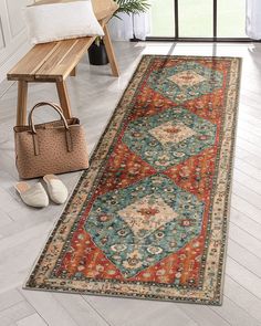 PRICES MAY VARY. [Exclusive Design Oriental Rug] - This boho chic rug offers intricate printed texture on a soft-underfoot polyester base.The teal blue classic diamond center and red and cream border come alive with tribal element. Red distressed rug would effortlessly complement any decor and most contemporary living spaces. [Safety Non-Slip Rug] - Our indoor doormat made of extra-absorbent fabric top layer and thousands of anti-skid point plastic backing which is safe for everyday indoor high Boho Waiting Room, Bathroom Runner Rug, Extra Long Runner Rug, Kitchen Rugs Washable, Red Carpet Runner, Hallway Flooring, Laundry Mat, Bohemian Kitchen, Floor Runners