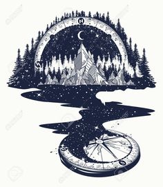 an image of the mountains and trees with a compass on it's back ground