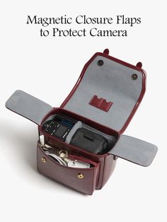 an open case with electronics in it and the words magnetic closure flaps to protect camera