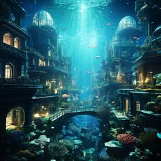 an underwater city with lots of fish in it