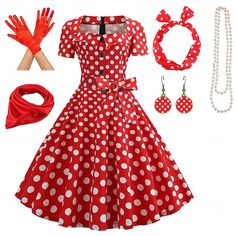 Women's A-Line Rockabilly Dress Polka Dots Swing Dress Flare Dress with Accessories Set 1950s 60s Retro Vintage with Headband Chiffon Scarf Earrings Pearl Necklace Gloves 2024 - $38.99 Scarf Earrings, 60s Retro, Rockabilly Dress, Chiffon Scarf, Accessories Set, Polka Dress, Earrings Pearl, Costume Ideas