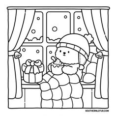 a teddy bear sitting in front of a window with christmas presents on the windowsill