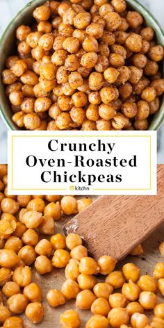 crunchy oven roasted chickpeas in a bowl with a wooden spoon on the side