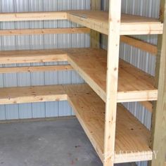 several shelves in a storage unit with no doors on the top and bottom shelfs