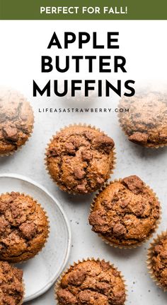 apple butter muffins on a plate with text overlay that reads, perfect for fall