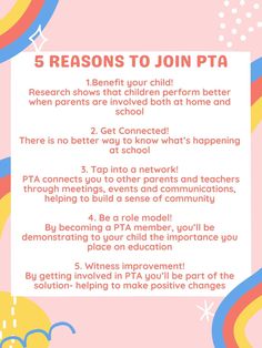 a poster with the words 5 reason to join pta in it's center