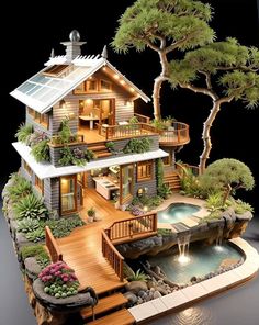 a model house is shown on top of a small island with a pool and hot tub