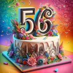 a birthday cake with the number fifty six on top and flowers around it, surrounded by confetti and streamers