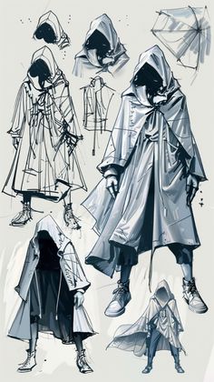 several sketches of people in raincoats and hats