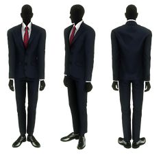 three views of a mannequin in a suit and tie, all facing different directions