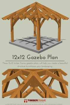 the plans for an outdoor gazebo are shown in three different sizes and colors, including one