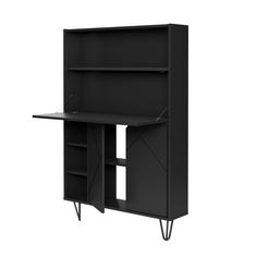 a black desk with shelves and drawers on it's sides, against a white background