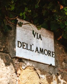 a sign that is on the side of a stone wall with ivy growing over it