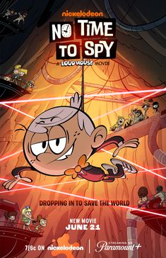 cartoon character flying through the air in front of a poster for no time to spy