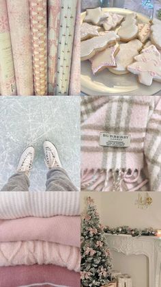 the collage shows different types of decorated cookies and other items in pink, white and blue