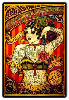 Chapel Tattoo Lady Reproduction Nostalgic Metal Sign 12x18 Cirque Vintage, Old Circus, Vintage Circus Posters, Tattoo Expo, Illustration Kunst, Kunst Tattoos, Tattoo Old School, Frida Art, Circus Poster