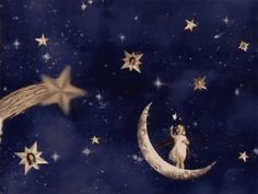 an artistic painting of a cat sitting on the moon with stars in the night sky