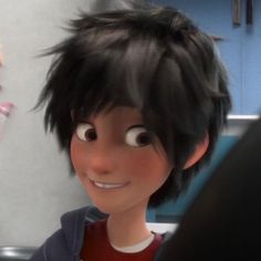 an animated character with black hair is smiling at someone's reflection in the mirror