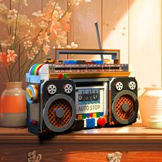 an old radio sitting on top of a wooden table next to a vase with flowers