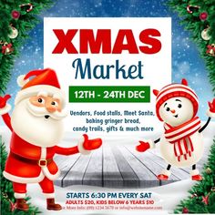 a christmas market flyer with santa and snowman