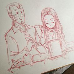 a drawing of two people sitting next to each other on a piece of white paper