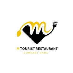 the m tourist restaurant logo is shown with a fork and knife in it's hand