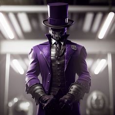 a man in a purple suit and top hat