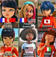 many different women in different countries with the words french, american, and italian on them