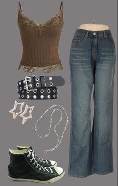 a woman's outfit and accessories including shoes, bra top, belted jeans and converse sneakers