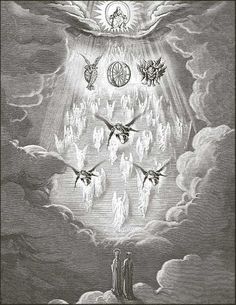 an image of angels flying in the sky with their wings spread out and surrounded by other angels