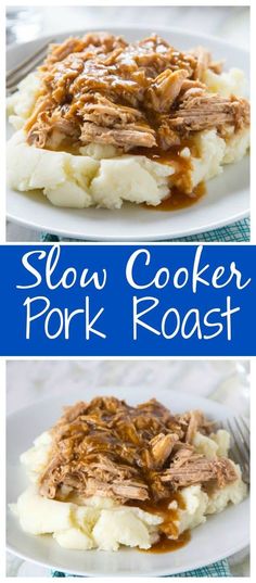 slow cooker pork roast on mashed potatoes with gravy