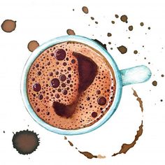 a cup of coffee with chocolate and milk on the saucer, watercolor painting