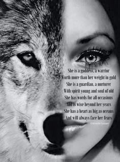 a woman's face with an image of a wolf in the background