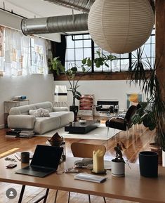 a living room filled with furniture and lots of windows next to a wooden floor covered in plants