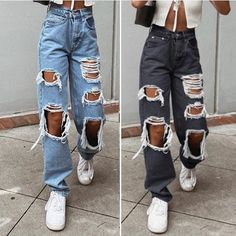 New Fashion Women's High Waist Jeans Casual Blue Black Denim Jeans Ripped Washed Jeans Trousers Ripped Jeans With Patches, Womens Ripped Jeans, Denim Jeans Ripped, Ripped Boyfriend Jeans, Blue Denim Pants, Jeans Ripped, Denim Pants Women, Boyfriend Jean, Loose Fit Jeans