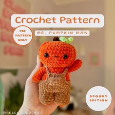 the crochet pattern for an adorable little pumpkin man is featured in this book