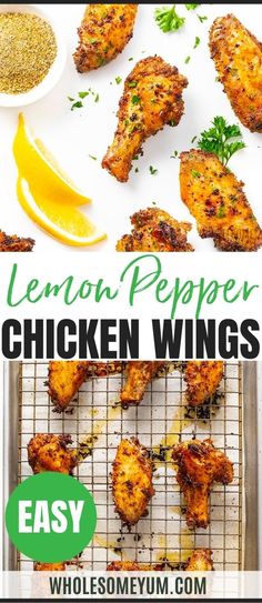 lemon pepper chicken wings on a cooling rack with lemon wedges