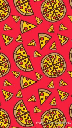 a red background with slices of pizza on it